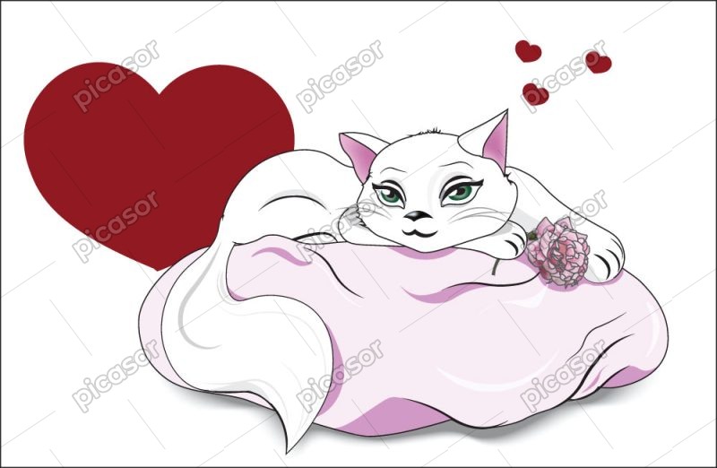 وکتور گربه روی بالش با قلب طرح کارتون - وکتور گربه سفید عاشق