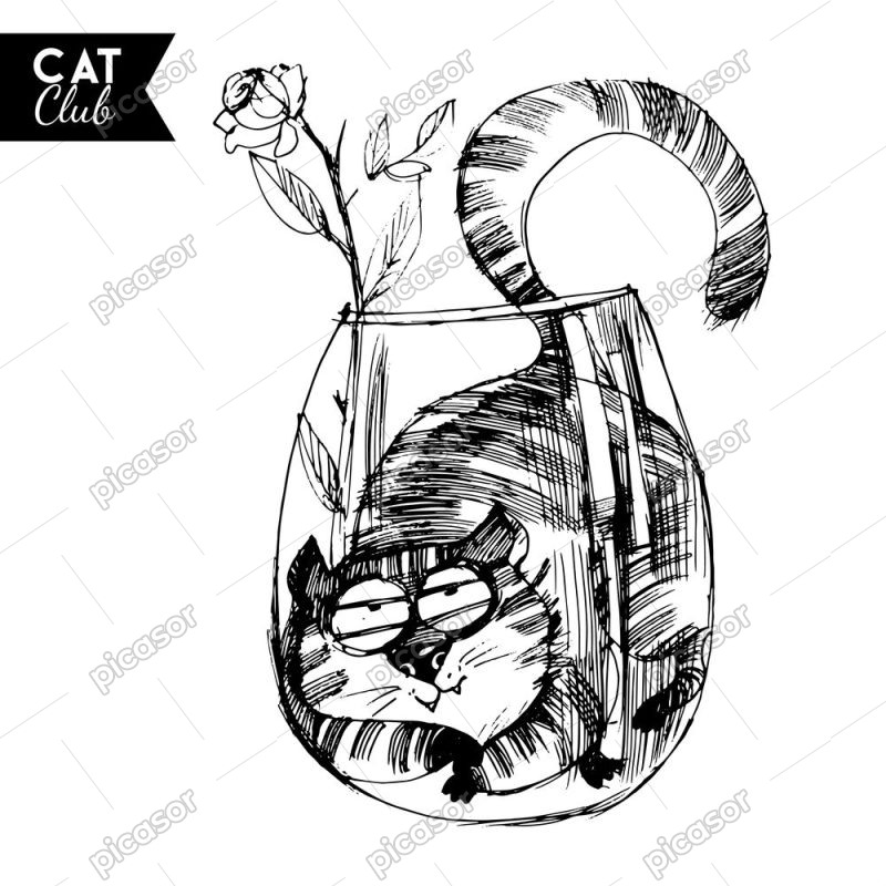 وکتور نقاشی گربه داخل گلدان طرح اسکچ کارتونی