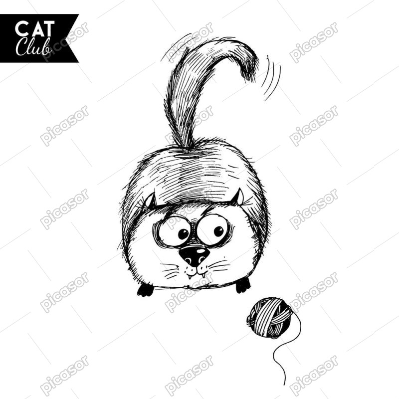 وکتور نقاشی گربه با کاموا طرح اسکچ کارتونی