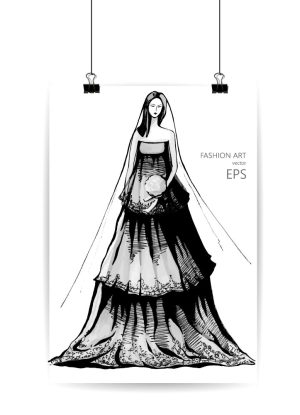 وکتور نقاشی عروس فشن - وکتور پوستر زن جوان در لباس عروس