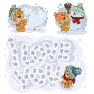 3 وکتور برف بازی خرس کارتونی - وکتور تدی بر با آدم برفی کارتونی