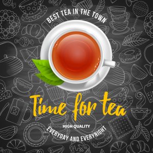 وکتور فنجان چای با برگ چای روی زمینه چای