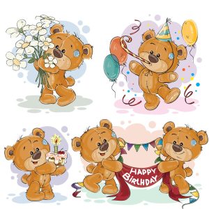 4 وکتور تم تولد با تدی بر و کیک و گل - وکتور تولد کودکانه با بچه خرس کارتونی