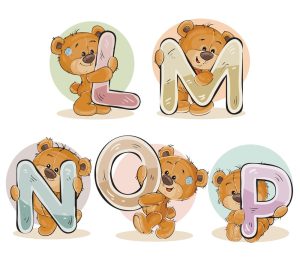 5 وکتور آموزش انگلیسی به کودکان با تدی بر کارتونی - وکتور خرس کارتونی با حروف انگلیسی LMNOP