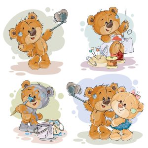 4 وکتور خرس کارتونی در حال سلفی و نقاشی و خیاطی - وکتور تدی بر پسر با تدی بر دختر