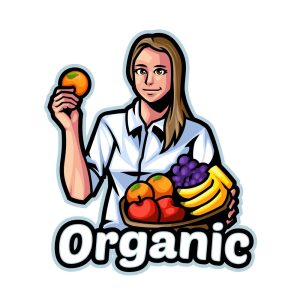 وکتور لوگو دختر با سبد میوه در دست - وکتور لوگو محصولات ارگانیک