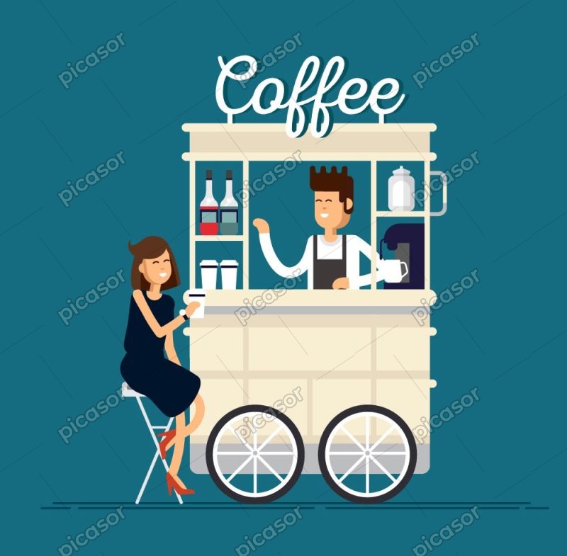 وکتور کیوسک قهوه با زن و مرد فروشنده