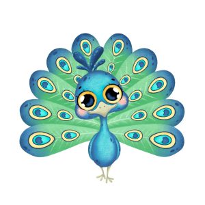 وکتور نقاشی طاووس بامزه کارتونی با چشمهای درشت سبک آبرنگی