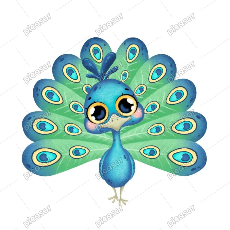 وکتور نقاشی طاووس بامزه کارتونی با چشمهای درشت سبک آبرنگی