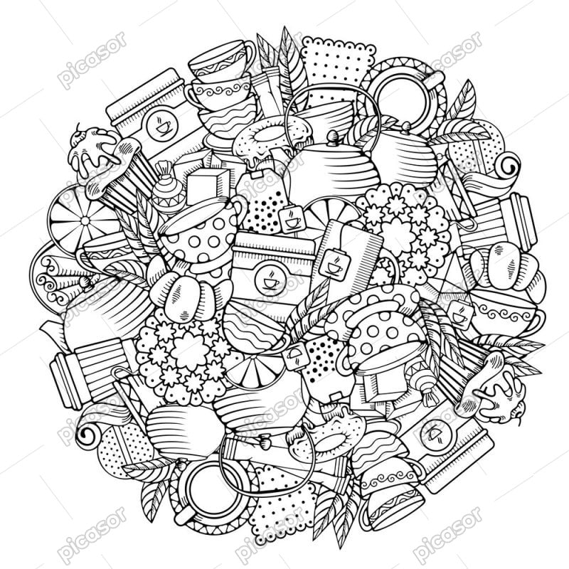 وکتور پس زمینه کیک فنجان چای و قوری طرح مدور