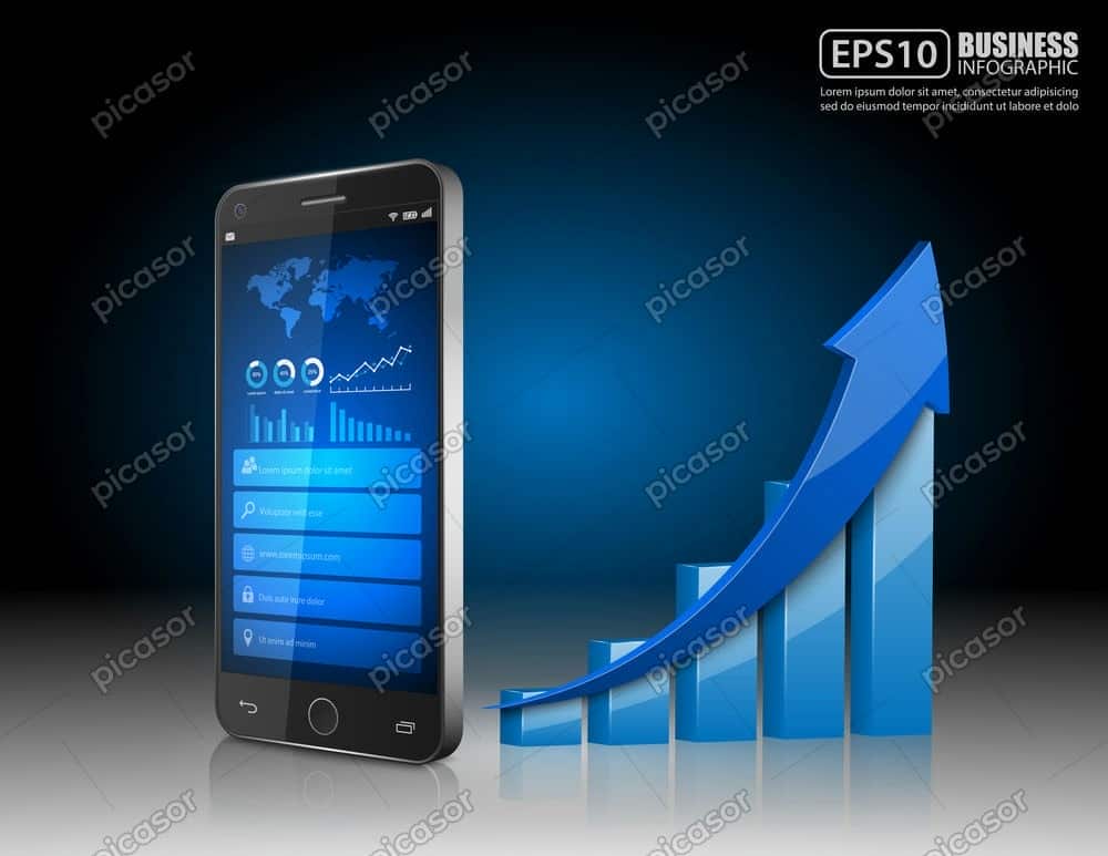 وکتور موبایل با نمودار و فلش - وکتور اینفوگرافیک نمودار رشد اقتصادی وکتور موبایل با نمودار و فلش - وکتور اینفوگرافیک نمودار رشد اقتصادی
