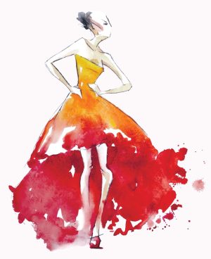 وکتور نقاشی زن با لباس بلند قرمز سبک آبرنگ