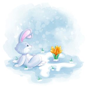 وکتور خرگوش کارتونی و آمدن بهار با گل و آب شدن برف زمستان