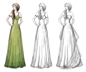 3 وکتور نقاشی زن فشن با لباس بلند سبز سبک اسکچ