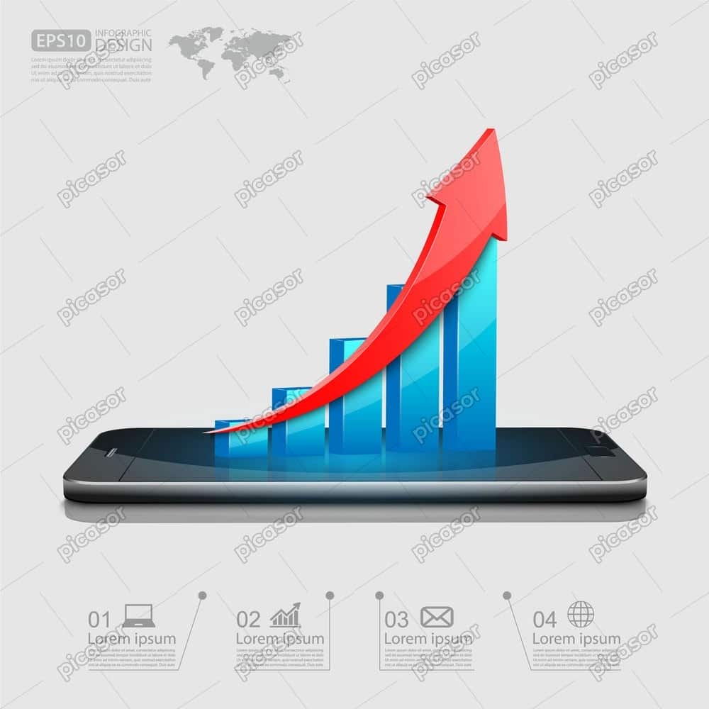 وکتور موبایل با نمودار و فلش - وکتور اینفوگرافیک نمودار رشد وکتور موبایل با نمودار و فلش - وکتور اینفوگرافیک نمودار رشد