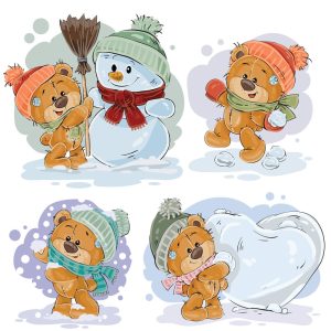 4 وکتور برف بازی تدی بر کارتونی - وکتور بچه خرس با آدم برفی کارتونی