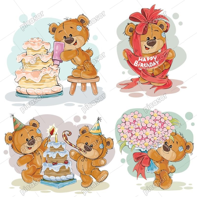 4 وکتور تم تولد خرس کارتونی با کیک و شیرینی - وکتور تولد کودکانه با تدی بر کارتونی