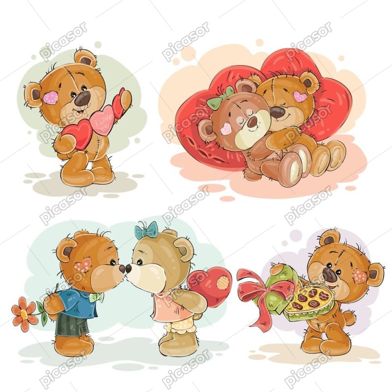 4 وکتور بچه خرسهای کارتونی عاشق با قلب - وکتور تدی بر و روز ولنتاین