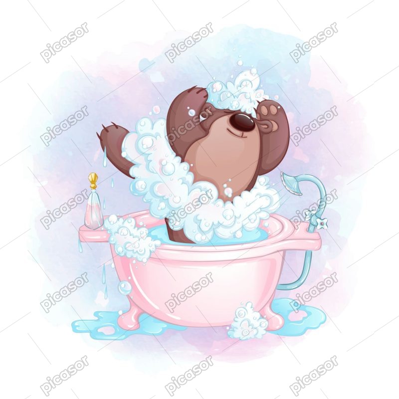 وکتور خرس داخل وان حمام با کف صابون - وکتور حمام کردن خرس کارتونی