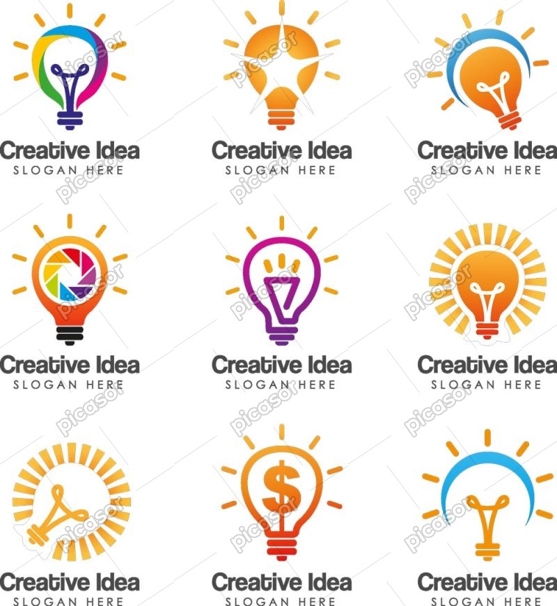 9 وکتور لوگو لامپ لوگو خلاقیت و ایده با لامپ روشن