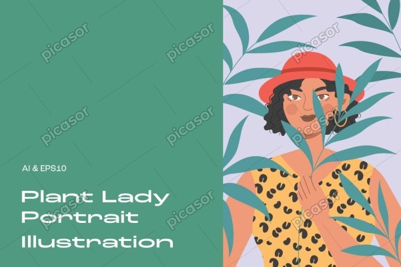 وکتور کارت زمینه دختر و برگهای سبز طرح فلت - وکتور پرتره دختر جوان با برگ