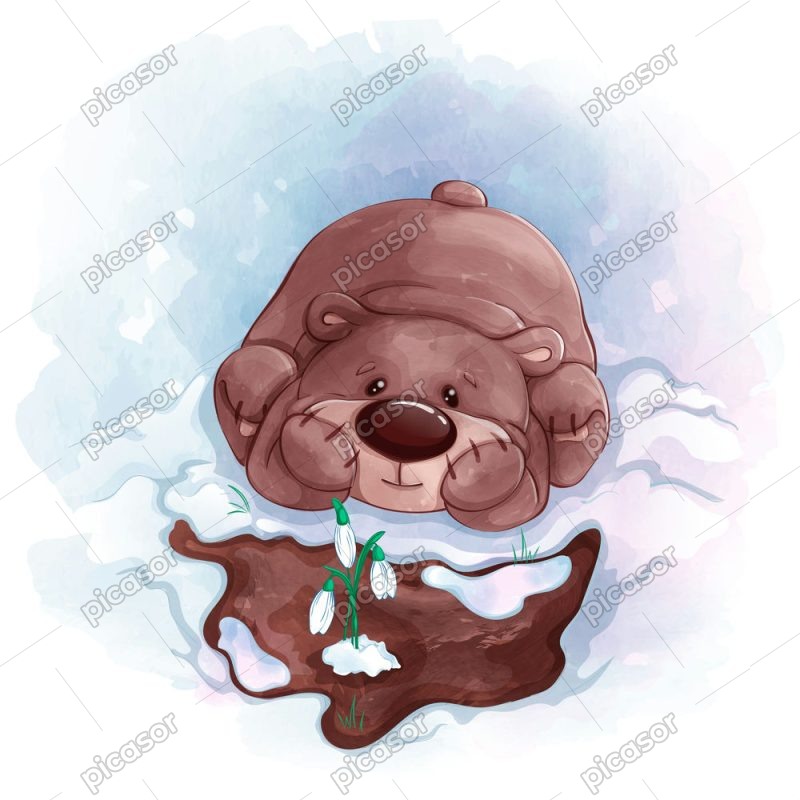 وکتور خرس کارتونی منتظر بهار با گل و برف زمستان
