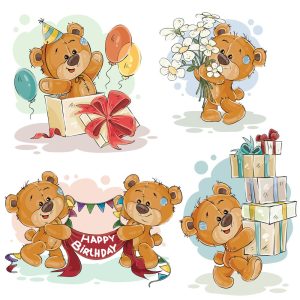 4 وکتور تم تولد خرس کارتونی با کادو و هدیه - وکتور تولد کودکانه با تدی بر کارتونی