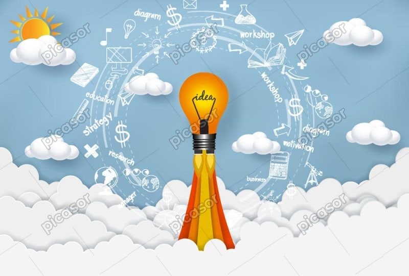 وکتور لامپ شکل موشک بالای ابر - وکتور اینفوگرافیک خلاقیت و مدیریت