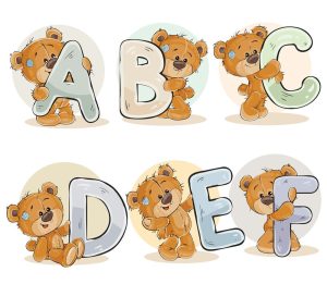 6 وکتور خرس کارتونی با حروف انگلیسی ABCDEF - وکتور آموزش حروف انگلیسی با تدی بر کارتونی