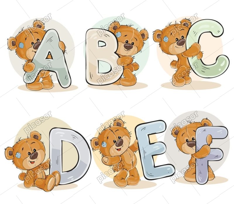 6 وکتور خرس کارتونی با حروف انگلیسی ABCDEF - وکتور آموزش حروف انگلیسی با تدی بر کارتونی