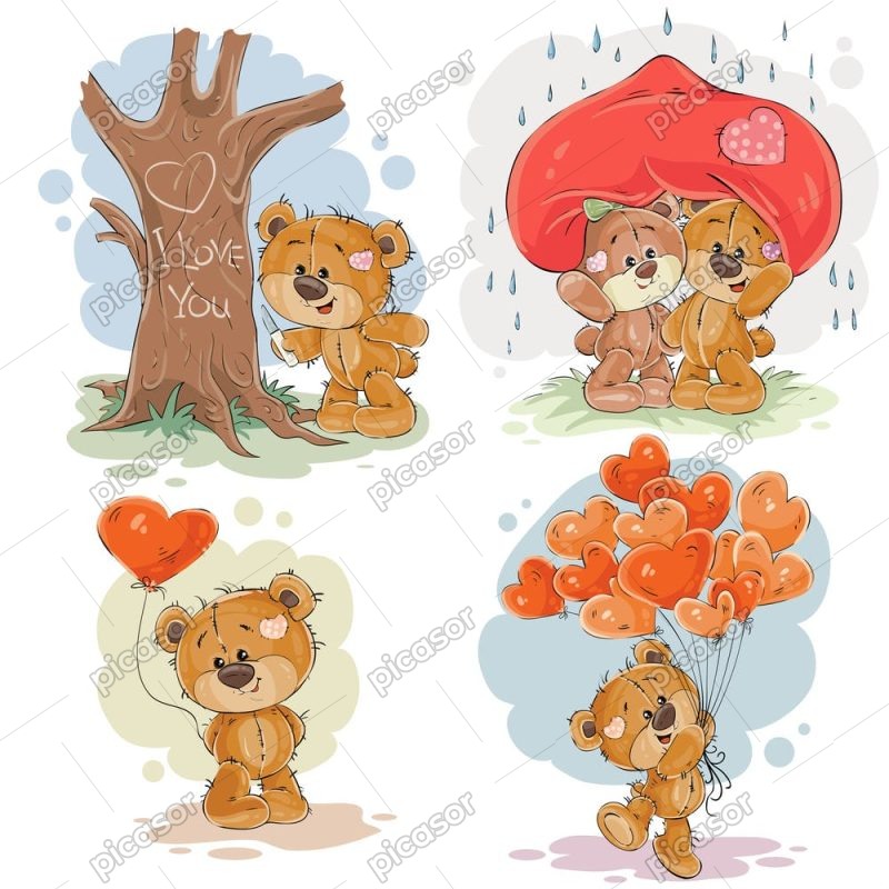 4 وکتور خرسهای کارتونی عاشق با قلب - وکتور بچه خرسهای کارتونی و روز ولنتاین