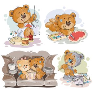 4 وکتور خرس کارتونی در حال نقاشی و خیاطی - وکتور تدی بر پسر با تدی بر دختر