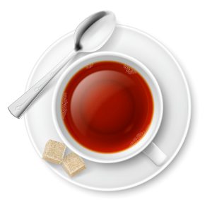 وکتور فنجان چای از بالا با قند و قاشق چایخوری