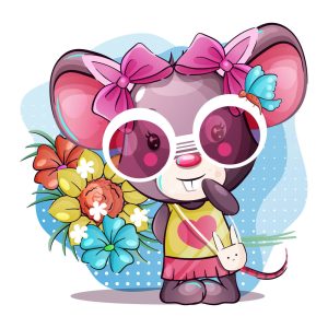 وکتور کارتونی موش عینکی با گل و پروانه