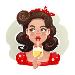 تصویرسازی وکتور زن کمیک در حال نوشیدن آبمیوه با استایل وینتیج کارتونی