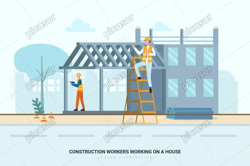 وکتور کارگران در حال ساخت خانه در کارگاه ساختمان سازی - وکتور پس زمینه عمرانی خانه سازی و ساختمان سازی