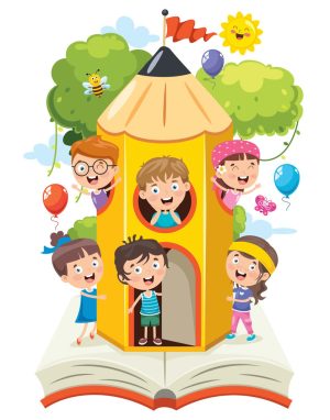 وکتور کارتونی بچه ها داخل خانه مدادی - وکتور آموزش کودکان شاد با مداد بزرگ