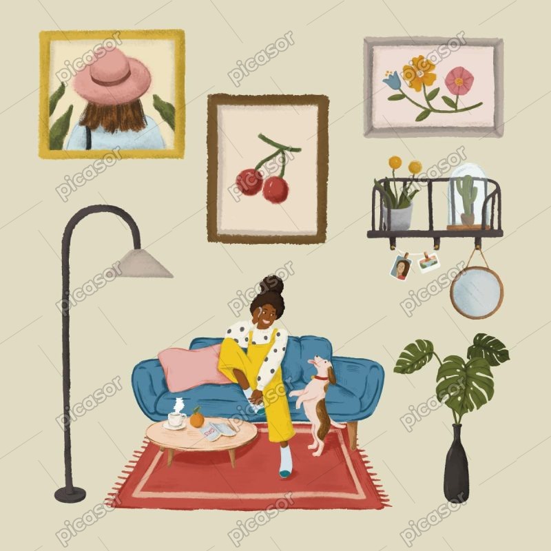 وکتور نقاشی دختر روی کاناپه با سگ در اتاق