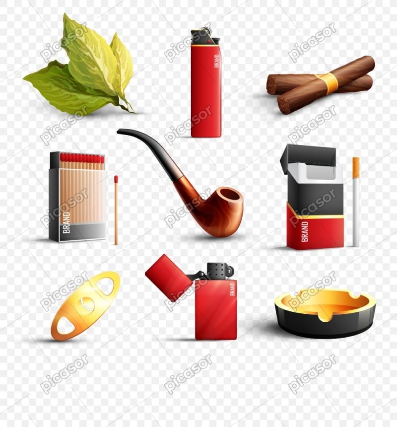 9 وکتور سیگار برگ توتون زیر سیگاری فندک و سیگار و کبریت