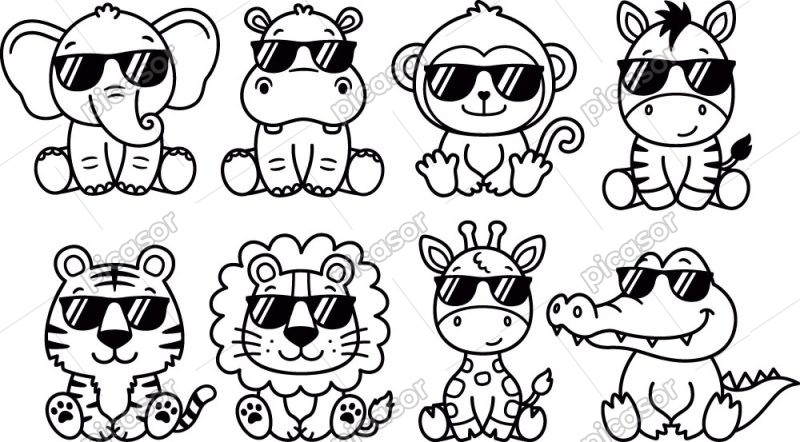 8 وکتور خطی حیوانات با عینک آفتابی طرح کارتون