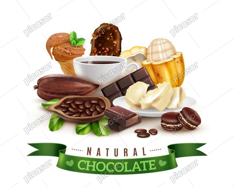 وکتور محصولات شکلاتی و میوه کاکائو - وکتور شکلات و فنجان هات چاکلت و کیک و بستنی شکلاتی