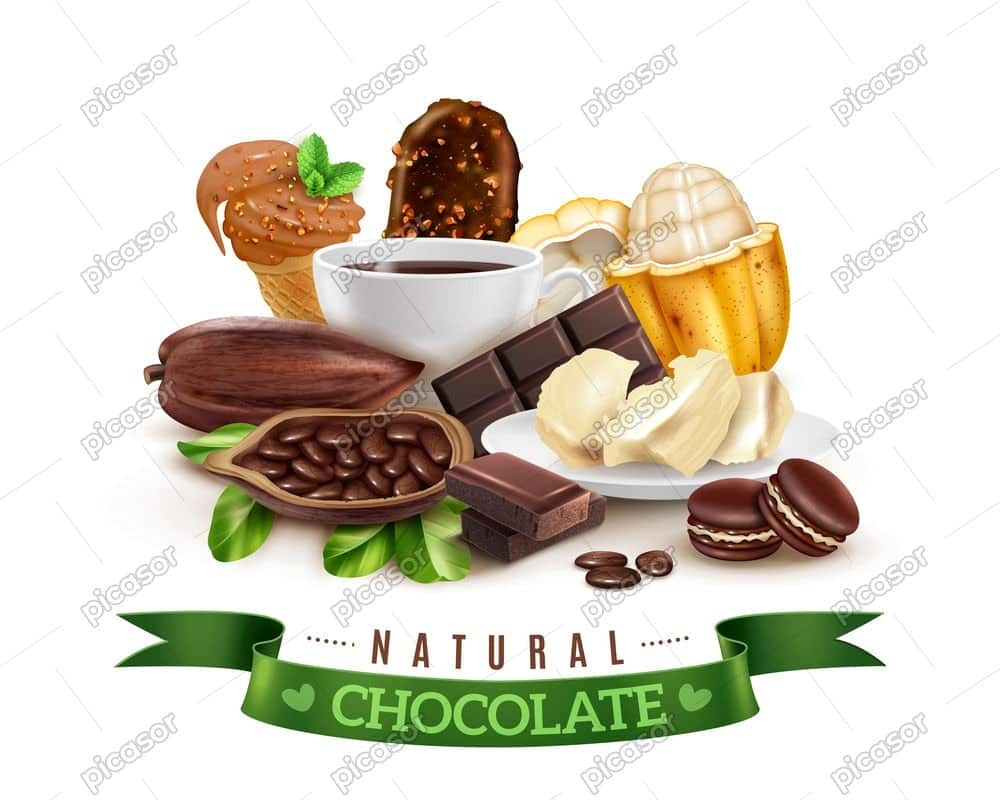 وکتور محصولات شکلاتی و میوه کاکائو - وکتور شکلات و فنجان هات چاکلت و کیک و بستنی شکلاتی وکتور محصولات شکلاتی و میوه کاکائو - وکتور شکلات و فنجان هات چاکلت و کیک و بستنی شکلاتی