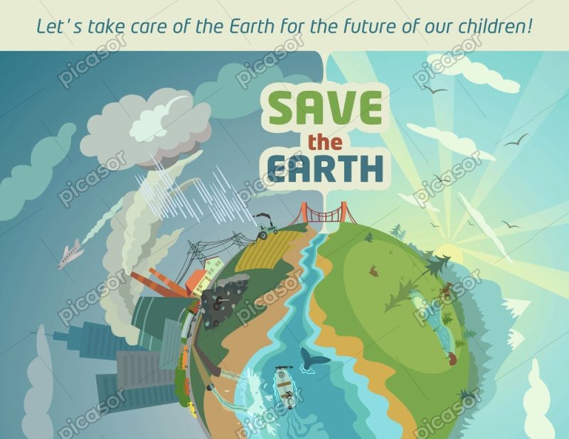 وکتور پوستر زمین آلوده و زمین پاک - وکتور نجات زمین با اقیانوس و جنگل