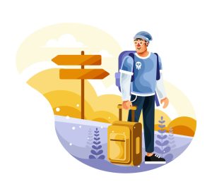 وکتور مرد با چمدان در جاده - وکتور سفر و طبیعت گردی و مرد با کوله پشتی