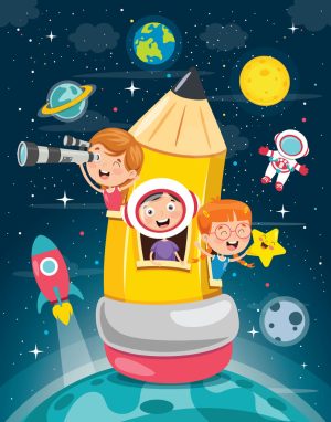 وکتور کارتونی بچه ها داخل موشک مدادی در فضا - وکتور آموزش کودکان شاد با مداد بزرگ