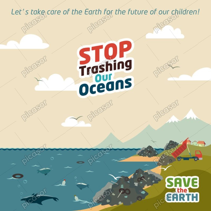 وکتور ریختن زباله در دریا و آلودگی اقیانوس با زمین آلوده و پلاستیک - وکتور پوستر نجات اقیانوس زمین