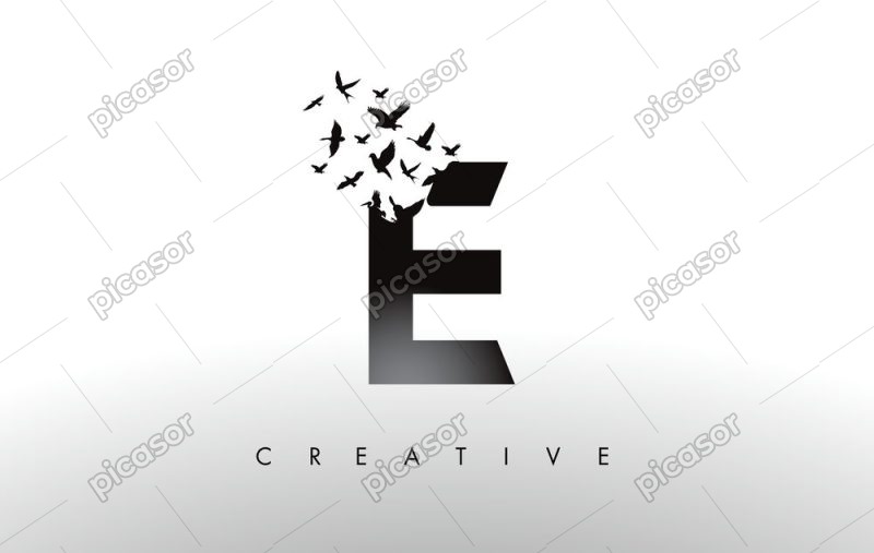 وکتور حرف E با پرنده های در حال پرواز - وکتور لوگو E با پرنده