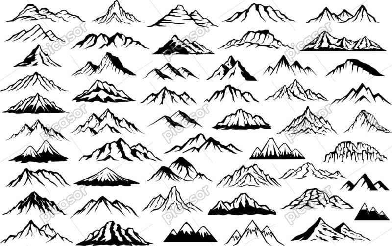 50 وکتور کوهستان و رشته کوه - وکتور آیکون انواع کوه مناسب طراحی لوگو