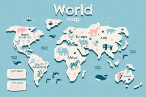 وکتور نقشه با حیوانات هر قاره - نقشه کودکانه با حیوانات