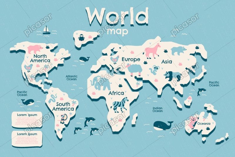وکتور نقشه با حیوانات هر قاره - نقشه کودکانه با حیوانات